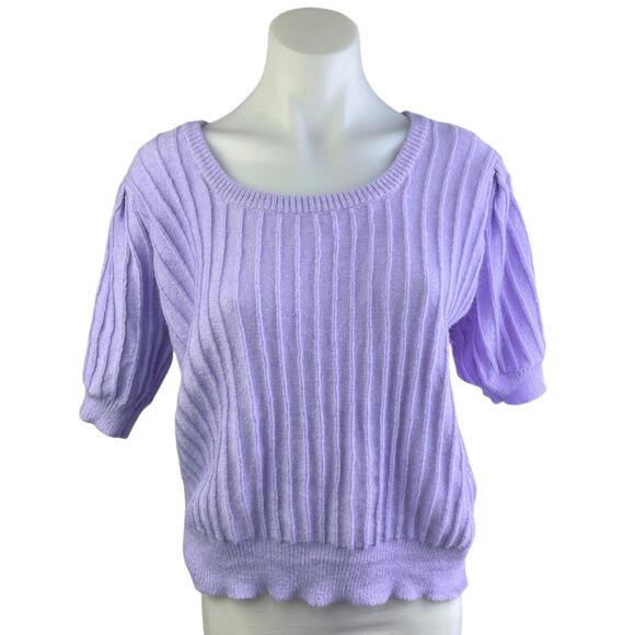 FRNCH Cashmere Purple Wool Knit Rib Short Puff Sleeve Sweater Shirt Blouse Top L - Picture 1 of 4